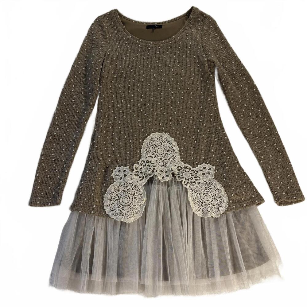 Ryu Ruffle Knit Dress size S Crochet Flowers‎ Anthropologie Tulle Boho Whimsy